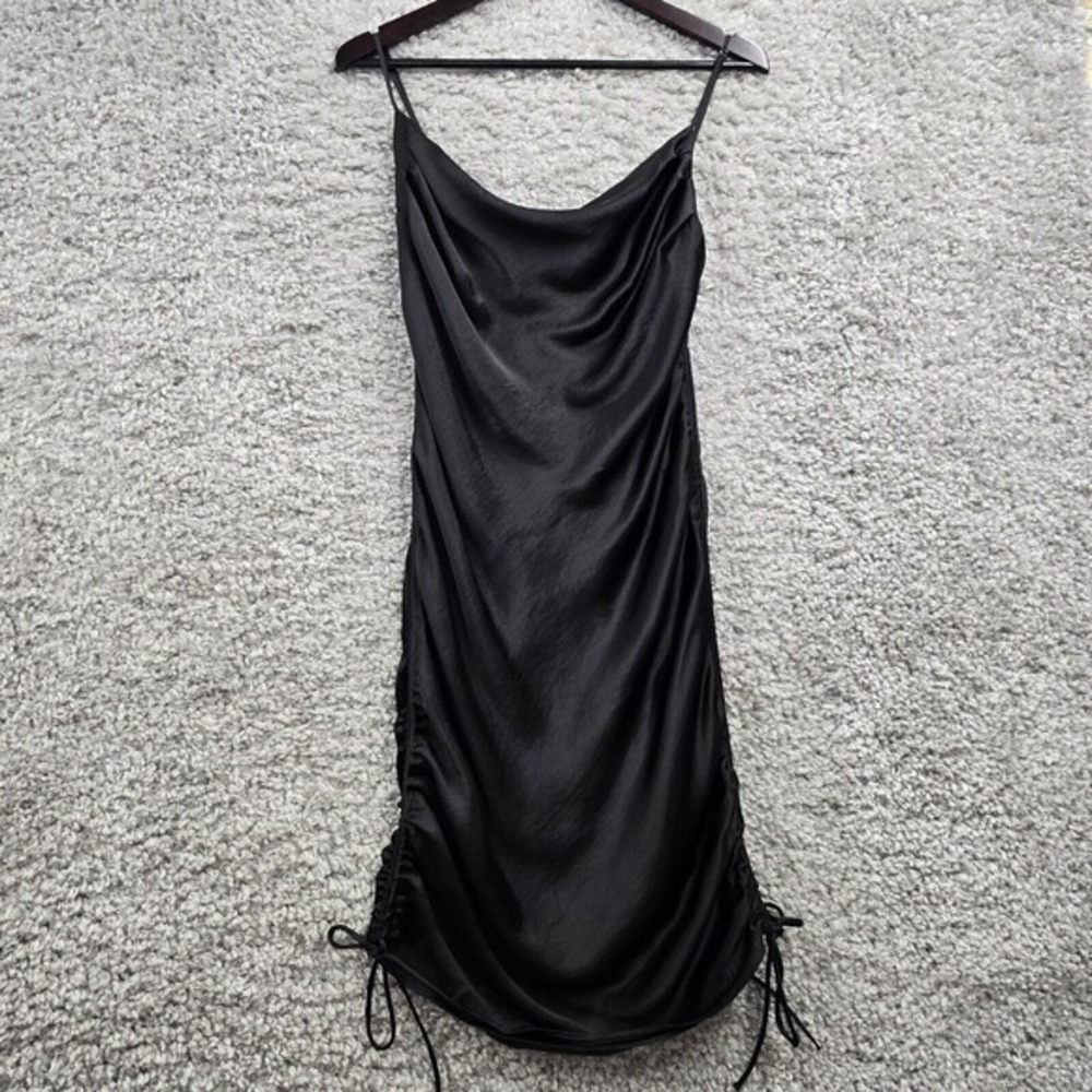 Zara Ruched Satin Slip‎ Dress Women Size M Black Cowl Neck Minimalist Goth